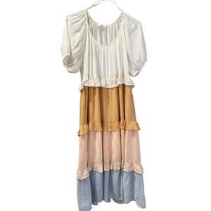 Entro Women’s Midi Dress M Puff Sleeve Layered Boho Peasant Dress Excellent